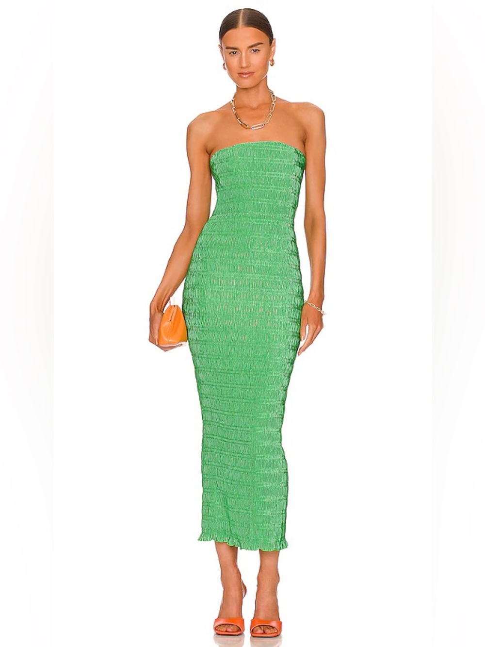 L’IDEE Aurore Bright Green Strapless Pleated Satin Maxi Dress Smocked Womens 12